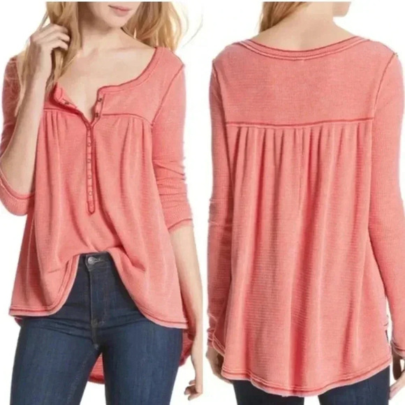 We The Free Tops - FREE PEOPLE Women’s Kai Thermal Henley Tunic Raw Hem Burnout Top Low Hem Melon S